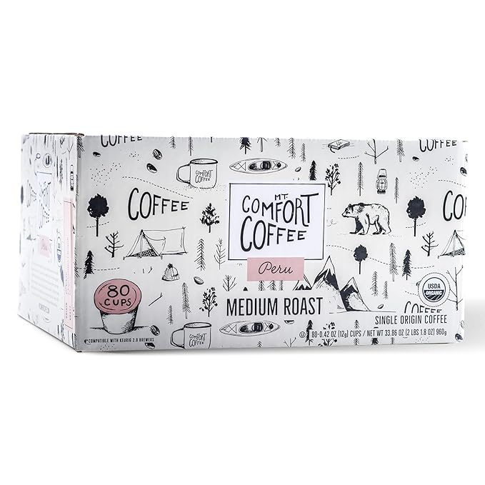 Mt. Comfort Coffee Organic Peru Medium Roast, 80 Count Coffee Pods - K-Cup Compatible Including 2.0 - Roasted Ground Coffee