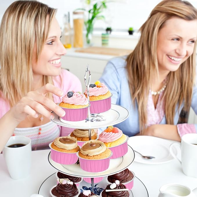 Mini Cake Pans with Lids and Spoons (40 Pack,Pink,5oz) Round Disposable Ramekins - Sturdy Aluminum Foil Cupcake Liners with Lids for Dessert and Party