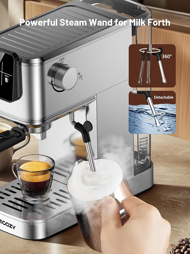 20 Bar Espresso Coffee Machine with Rapid Cold Brew Technology, Milk Frother, Touch Screen Control, Compact Water Tank, Ideal for Lattes, Cappuccinos, Americano, Home & Office Use, Stainless Steel