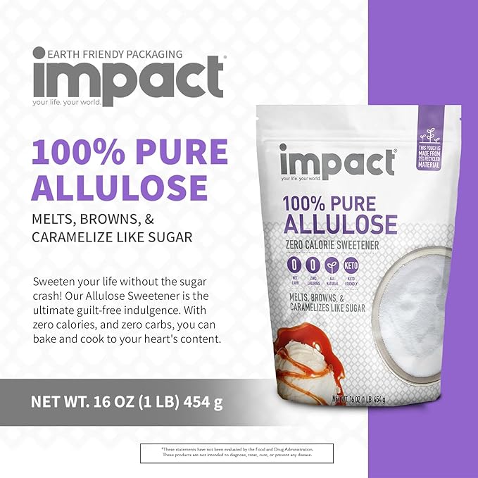 Impact - Pure Allulose Sweetener Sugar Substitute - Zero Calorie Blend, Low-Carb, For Coffee, Tea, Baking, Guilt-Free Indulgence - 1lb
