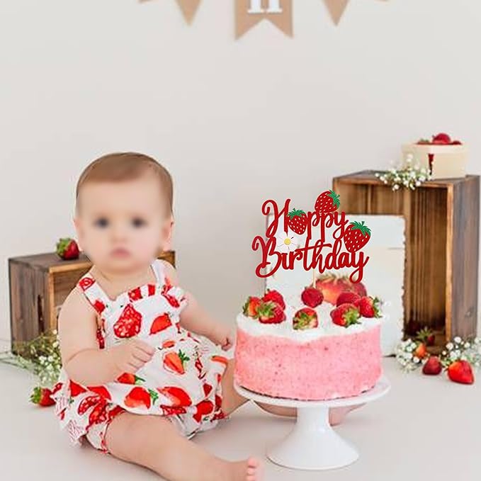 1 Pack Happy Birthday Cake Topper Glitter Strawberry Cake Pick for Fruit Theme Baby Shower Kids Birthday Party Strawberry Fruit Party Cake Decorations Supplies
