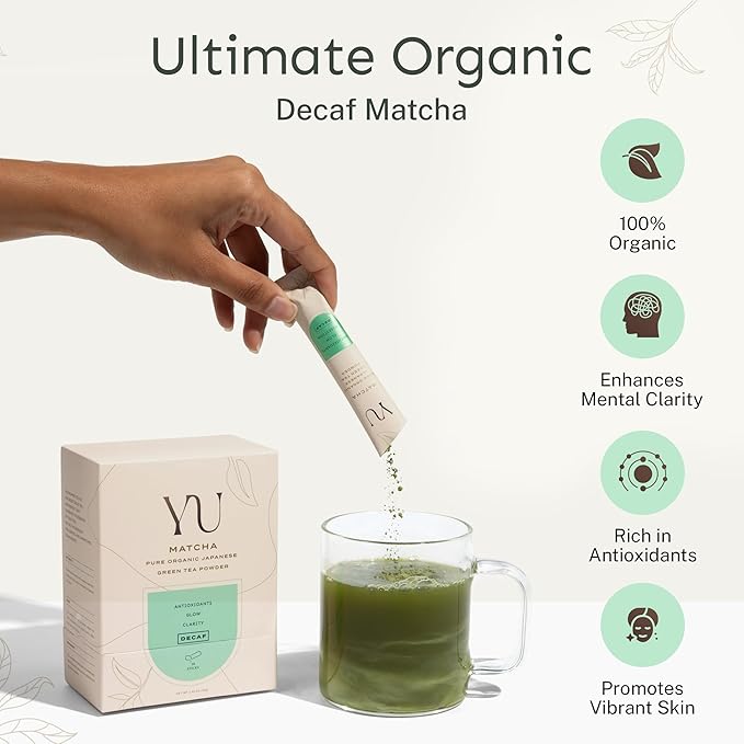 Yu Tea Organic Decaf Matcha Powder Ceremonial Grade | Rich in Antioxidants & L-Theanine, Low Caffeine | Unsweetened Grade A Japanese Green Tea Powder | Resealable Pouch, 2.65 oz, 50 Servings