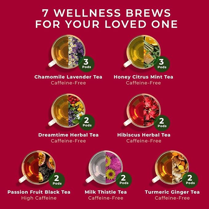 Gya Tea Co Her Wellness Tea Pod Collection Tea Gift Set (16 ct) - 7 Flavors Assorted Variety Pack with Hibiscus, Chamomile Lavender & Ginger