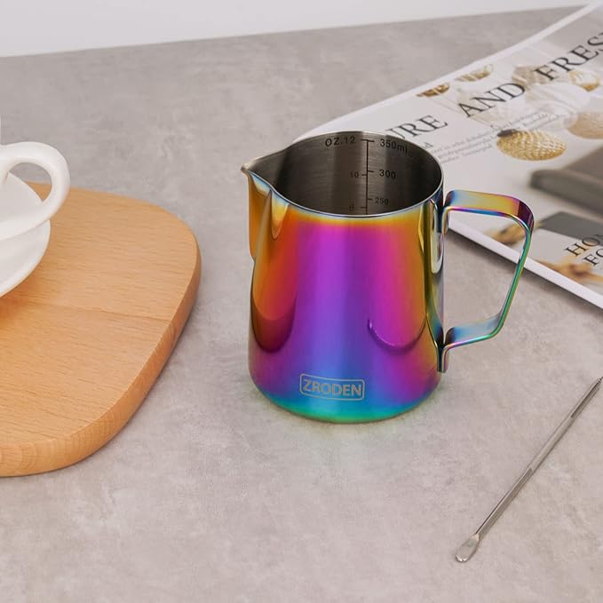 Milk Frothing Pitcher, 12oz Espresso Steaming Pitchers Stainless Steel Cappuccino Coffee Machine Accessories Barista Tools Steam Froth Pitchers Milk Jug Cup with Decorating Pen Latte Art, Rainbow