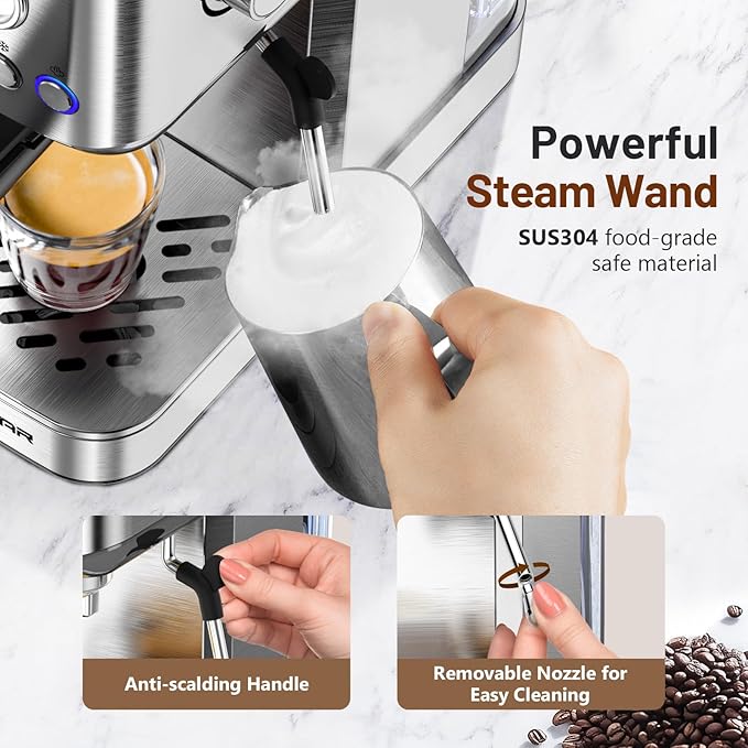 Espresso Machine 20 Bar, Cold Brew Espresso Maker with Milk Frother Steam Wand, Compact Stainless Steel Semi Automatic Espresso Coffee Machine for Cappuccino & Latte & Americano Maker