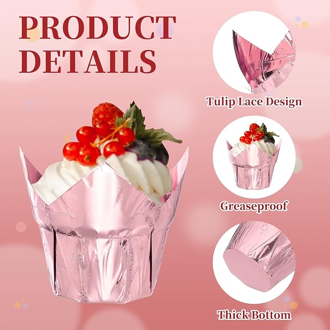 uxcell 100 Pcs Tulip Cupcake Liners, Muffins Liners Aluminum Foil Cupcake Wrappers Baking Cups Muffins Liners for Wedding Birthday Party Supplies, Rose Gold