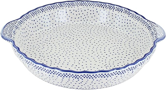 Blue Rose Polish Pottery - Blue Small Dots Pie Plate with Handles - 9.75" Diameter - Ceramic Baking Dish, For Pies, Quiches & Desserts
