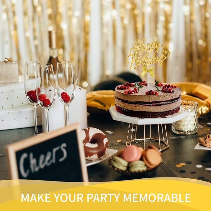 Gold Cursive Happy Birthday Cake Topper Plastic - 3D Double Sided Happy Birthday Sign for Cake with Bow, Idea for Cake Decoration (LIGHT GOLD)