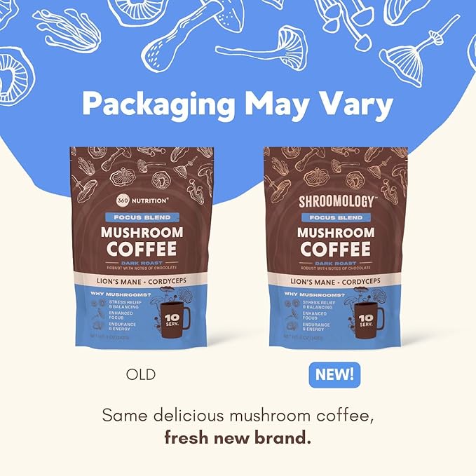 360 Nutrition Instant Mushroom Coffee with Cordyceps, Lion?™s Mane Superfood Mushrooms and Ashwagandha for Cognitive Balance, Memory and Focus | Dark Roast, No Added Sugar 5 oz (Focus Blend)