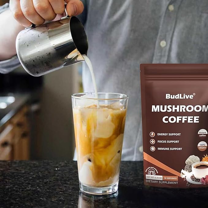 Mushroom Coffee - Instant Coffee Powder with Organic Lion?™s Mane, Reishi, Cordyceps, Turkey Tail, King Trumpet & Shiitake, Adaptogenic 6 Mushrooms for Energy, Digestion & Immune Support, 30 Servings