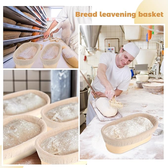 Gejoy Oval Banneton Bread Proofing Basket Set of 8, Sourdough Bread Baking Bowl Kit with Cloth Liners and Dough Scrapers Natural Rattan Banneton Sourdough Bowl Basket for Bakers(10 Inch)