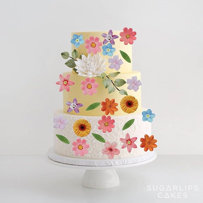 50 PCS Edible Flowers Cupcake Toppers Sunflower Cherry Blossom Green Leaf Cake Toppers Flowers Birthday Decorations for Wedding Themed Party Baby Shower Birthday Cake Decoration Mixed Size & Colour