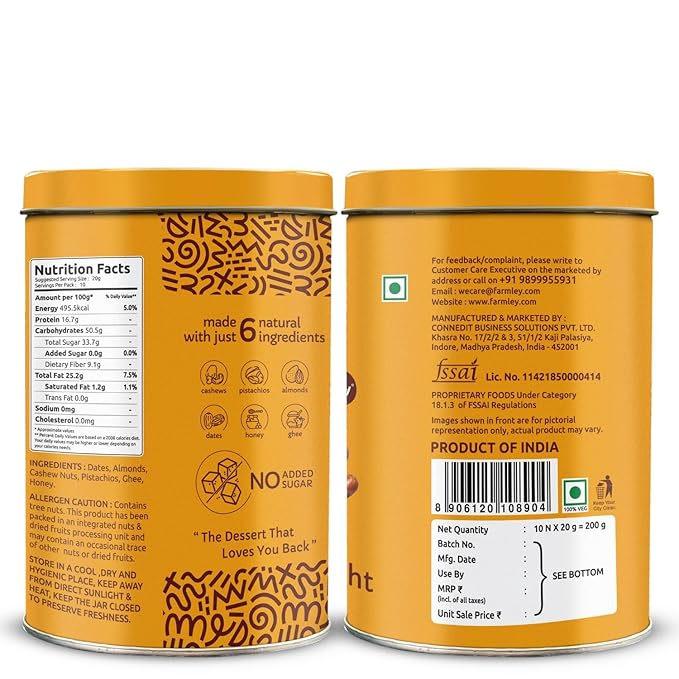 Farmley Protein Dates Bars Jars| Dates Bite with No Added Sugar | Made with Zero Added Sugar | Dates, Pistachio, Cashews, Almonds, Honey | Healthy Protein Bars 200 g (Pack of 10) (7.05 Oz)