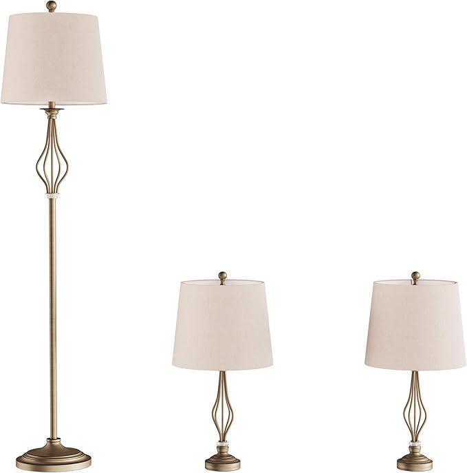 Lavish Home Table and Floor Lamps - Set of 3 Matching Curved Openwork Steel Lighting for Living Room, Bedroom, Office - Energy-Efficient LED