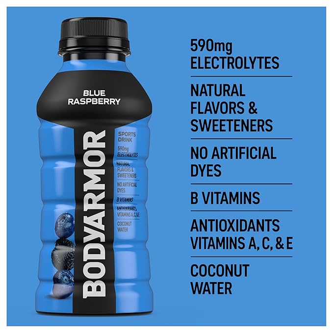 BODYARMOR Sports Drink Sports Beverage, Blue Raspberry, Natural Flavors With Vitamins, Potassium-Packed Electrolytes, No Preservatives, Perfect For Athletes, 12 ounce (Pack of 8)