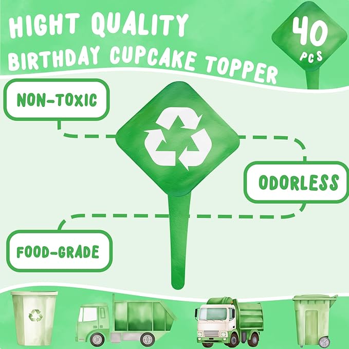 40 Pcs Garbage Truck Cupcake Toppers - Garbage Truck Party Decorations and Garbage Truck Party Cupcake Toppers