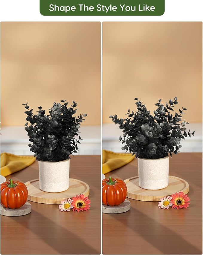 Velener 2 PCS Small Fake Eucalyptus Plant Artificial Potted Plants Indoor for Halloween Decorations Realistic Faux Plant for Office, Bathroom, Living Room, Desk, Shelf, Home Decor (Black)