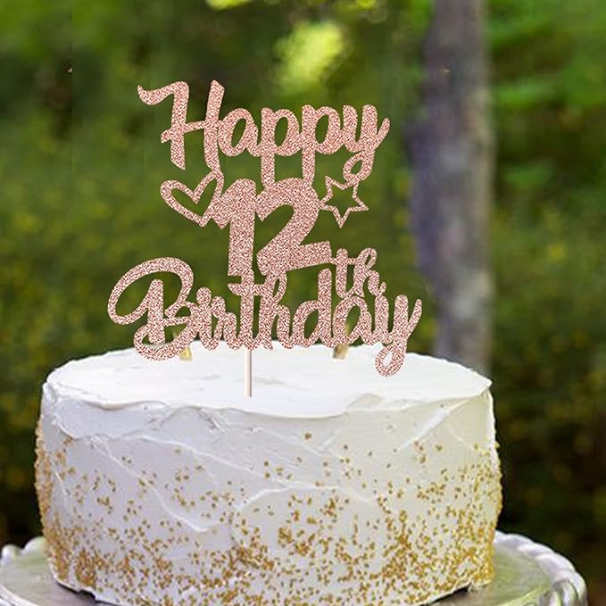 1 Pack Happy 12th Birthday Cake Topper Glitter Heart Star 12 Fabulous Cake Pick Birthday Sign Cake Decorations for Children 12th Birthday Theme Party Supplies Rose Gold