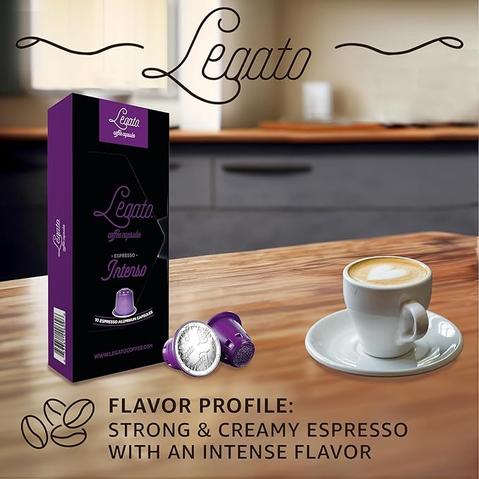 Legato Espresso Capsules - 10/100 count - Single-Serve Coffee Pods - Compatible with Nespresso OriginalLine Machine - Cafe-style Coffee at Home (10, Intenso Strength 8)