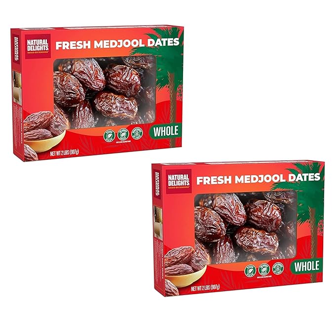Natural Delights Medjool Dates Whole - Non-GMO Verified Fruit, Good Source of Fiber & Potassium, Naturally Sweet, Snack for On-the-Go, Large & Plump Dates - Bulk 2 lb Box (Pack of 2)