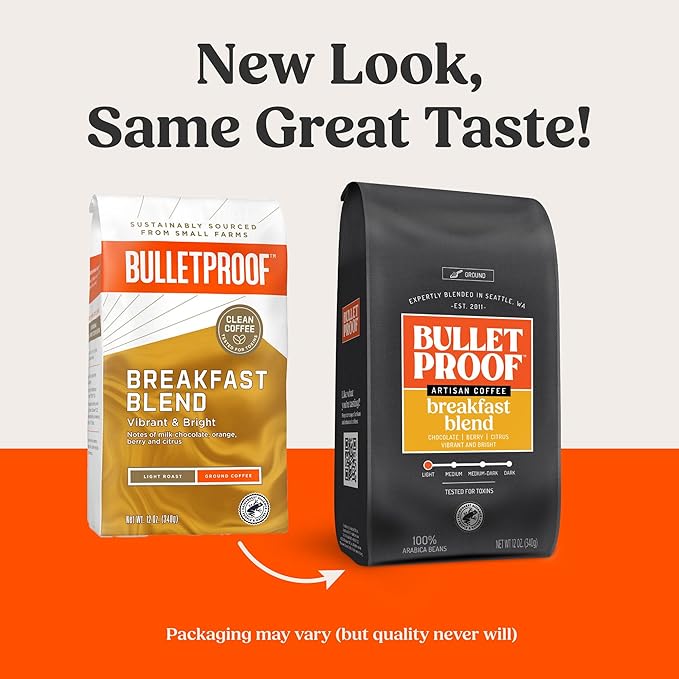 Bulletproof Breakfast Blend Light Roast Whole Bean Coffee, 12 Ounces, 100% Arabica Beans, Clean Coffee Tested for Toxins, Packaging May Vary