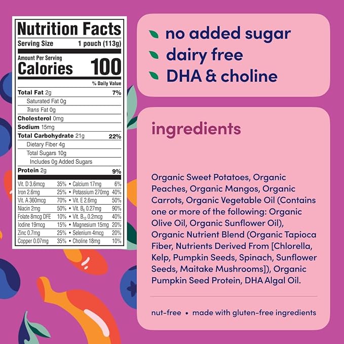 Cerebelly Organic Baby Food Pouches ??Dairy Free Smoothies for Toddlers | No Added Sugar, Fiber, Non-GMO | Toddler Smoothie Pouches | 4oz BPA-Free Baby Food | Sweet Potato Banana Blueberry | 6 Count