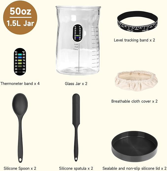 Sourdough Starter Kit -50 Oz Wide Bore and Large Capacity Sourdough Starter Jar,Thermometer, Feeding Band- Perfect Sourdough Bread Baking Supplies, Baking Gifts(2 Jar)