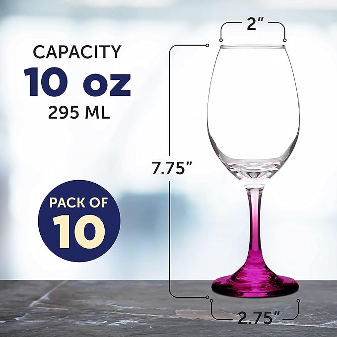 DISCOUNT PROMOS Rioja Wine Glasses with Stem 10 oz. Set of 10, Bulk Pack - Color Bottom, Perfect for Wedding, Party Favors, Birthday, Bridal Shower Gifts - Pink
