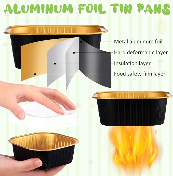 Aoriher 300 Pieces 10 oz Mini Cake Pans with Lids, Aluminum Foil Baking Cups, Square Disposable Cupcake Cups Baking Tins for Wedding Birthday Party Supplies(Black, Gold)
