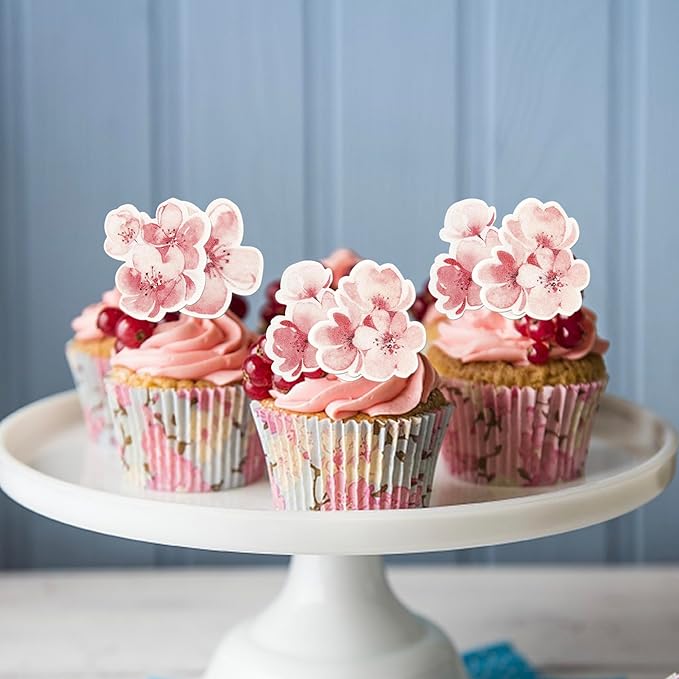 60 Pack Edible Cherry Blossom Cupcake Toppers Cherry Flowers Cake Toppers Rice Paper Wafer Paper Cake Picks for Cherry Blossom Bridal Shower Baby Shower Kids Birthday Cake Decorations Color 1
