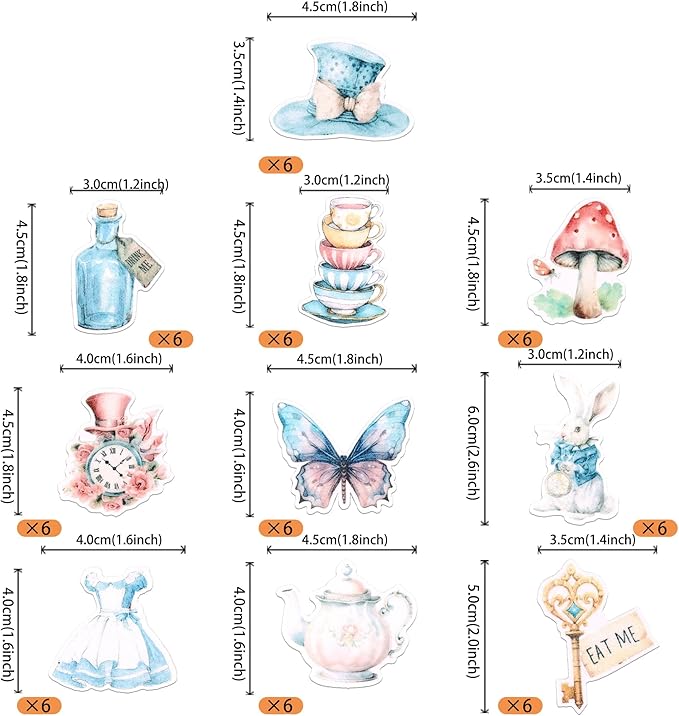 60 PCS Edible Alice in Wonderland Cupcake Toppers Tea Party Cake Decorations Edible Butterfly Flower Bowl Key Clock Eat Me Cupcake Picks for Tea Party Baby Shower Birthday Party Decorations Supplies