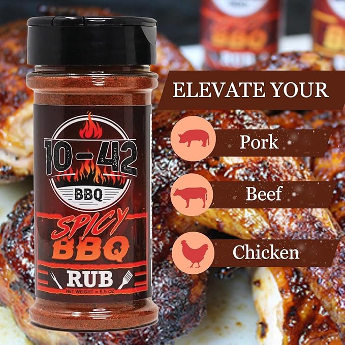 10-42 Spicy BBQ Rub Seasoning (NO MSG, Low Sodium) - All natural, Hot BBQ Rub | Meat Grilling Spicy Dry Rub | Steak and Beef Seasoning | Prime Rib, Spare Ribs, Butt, Brisket, Pulled Pork, Chicken, Turkey Rub| 5.5 oz