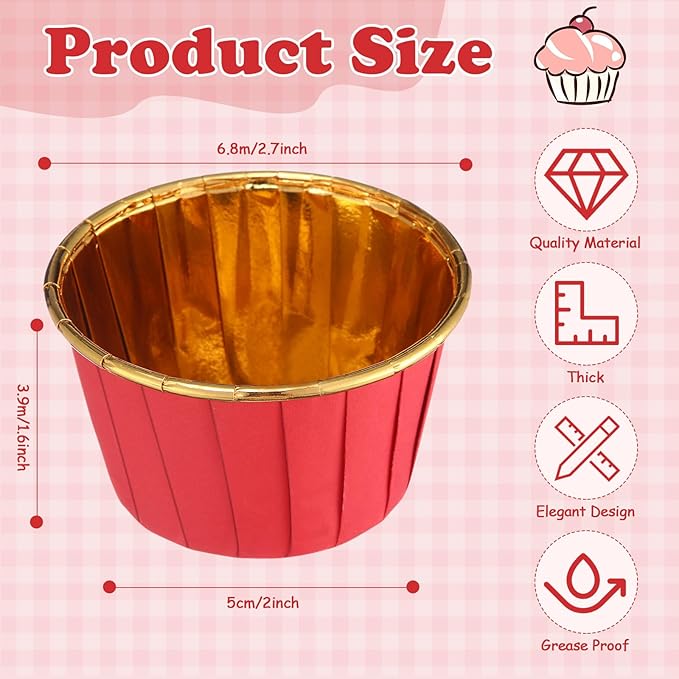 300 Pack Red Gold Cupcake Cups Bulk Disposable Foil Muffin Liners 3.5 oz Wrappers for Baking Aluminum Paper Mini Metallic Disposable Holiday Party Wedding Festival Supply