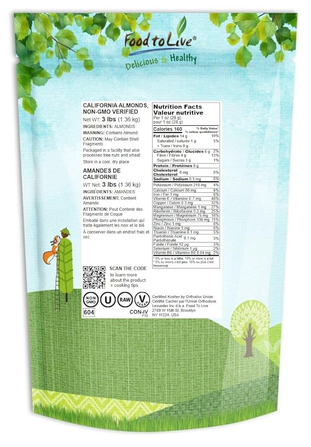 Food to Live California Almonds, 3 Pounds – Supreme, Whole, Raw, Unsalted, Unroasted Nuts, Natural.