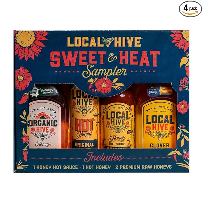 Local Hive Sweet & Heat Sampler - Original Hot Honey, Organic Hive 12oz, Local Hive 12oz Clover Honey, and Original Hot Sauce - ideal for drizzling, cooking, and elevating every bite