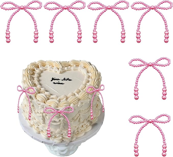 6 Pcs Pearl Bow Cake Decoration, Imitation 4.3" ??3.9"Pearl Bow Cupcake Toppers Coquette Party Bouquets Decor for Wedding Bridal Shower Birthday Decoration Supplies (Pink)
