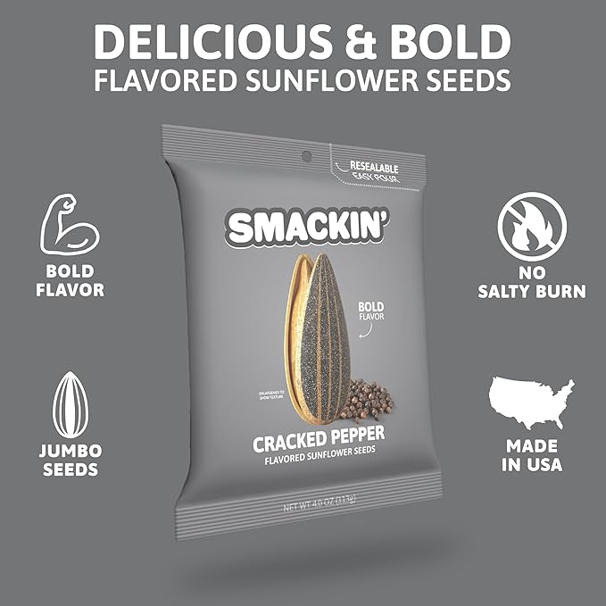 SMACKIN' - Jumbo Roasted Sunflower Seeds, No Salty Burn, American Made, Easy Pour & Seal - Cracked Pepper, 4oz bag (12 Bags)