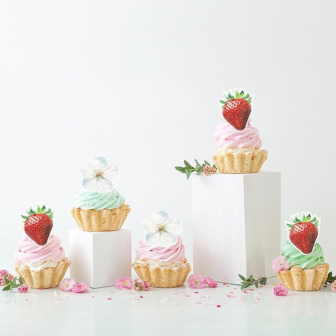 60 Pack Edible Sweet Strawberry Flower Cupcake Toppers First Birthday Strawberry Cake Toppers Rice Paper Wafer Paper Cake Picks for Fruit Baby Shower 1st Berry Sweet Kids Birthday Cake Decorations