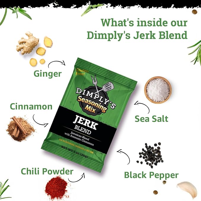 Dimply's Jamaican Jerk Seasoning Mix – Dry Rub and Marinade for Chicken, Meat, Vegetables, Tofu – Bold Caribbean Spice Blend – Vegan, Gluten Free, No MSG, No Preservatives – 6 oz Bag, 12 Pack