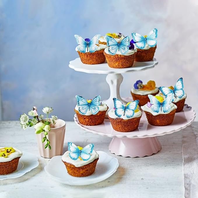 Rsstarxi 60 Pack Wafer Paper Butterflies Cupcake Toppers, Edible Butterfly Cake Decorations Butterfly Decorations for Wedding Birthday Anniversary Baby Shower Party Decorating Supplies Blue