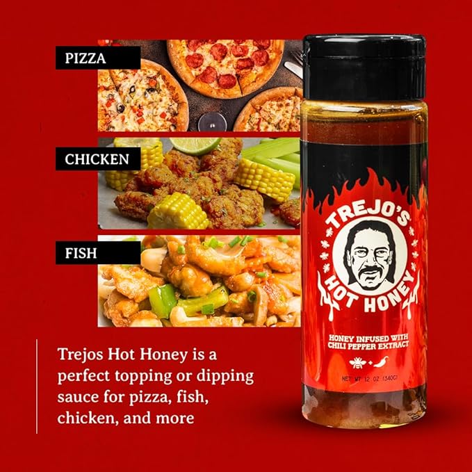 Trejo's Tacos Hot Honey | Sweet and Spicy Honey Hot Sauce | Infused with Chili Pepper Extract | Great for Topping or Dipping Sauce for Oatmeal, Ice-Cream, Fried Chicken & Bbq - Pure and Gluten Free | Authentic Creation by Trejo's Tacos - Pack of 1