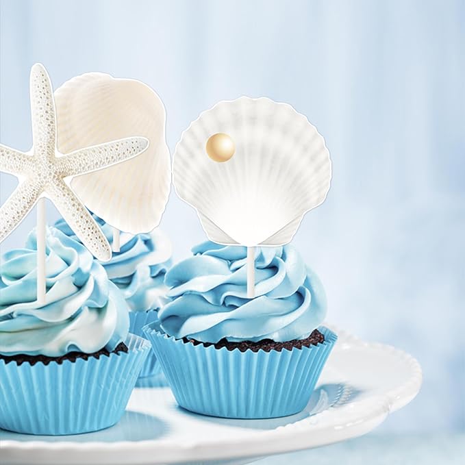 Starfish Sea Shell Cupcake Toppers 24PCS Coastal Beach Cake Decorations Seashell Starfish Cupcake Picks Ocean Nautical Party Decorations for Summer Theme Under The Sea Baby Shower Supplies