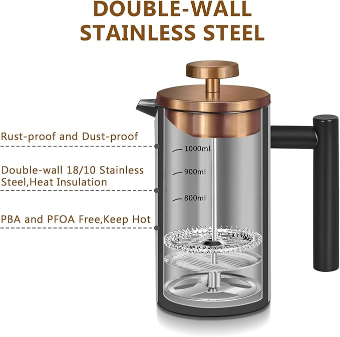 Black Stainless Steel French Press Coffee Maker, Double Wall Insulated French Press,for Coffee&Tea,with 3 Extra Screens and a Coffee Spoon,50oz/1500ml,Gold