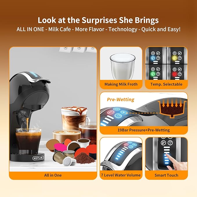 KOTLIE Espresso 5in1 Single Serve Coffee Maker, 19Bar Cappuccino&Latte Maker, Cold&Hot Brewing Coffee Machine for K*cup/NES*presso Original/D*olce G*usto/Ground Coffee/44mm ESE(Black)