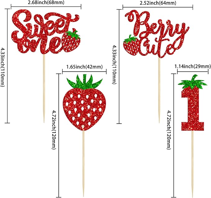 24Pcs Sweet One Cupcake Toppers Glitter First Birthday Strawberry Cupcake Picks for Fruit Baby Shower 1st Birthday Berry Sweet Cupcake Decorations Party Supplies Red