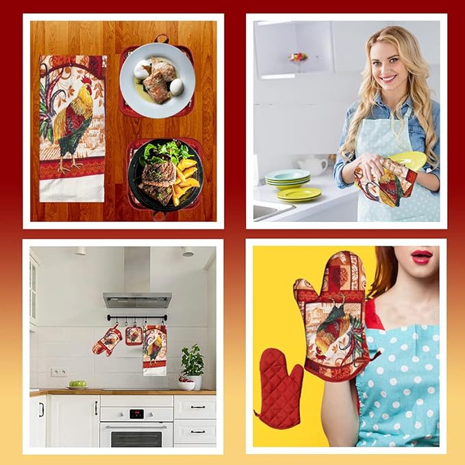 Lobyn Value Packs: Decorative & Functional Rustic Rooster Kitchen Set ??5 Pieces, Perfect for Farmhouse D챕cor Set includes 2 Dish Towel 2 Pot Holders 1 Oven Mitt | Kitchen Towel Set for Daily Use