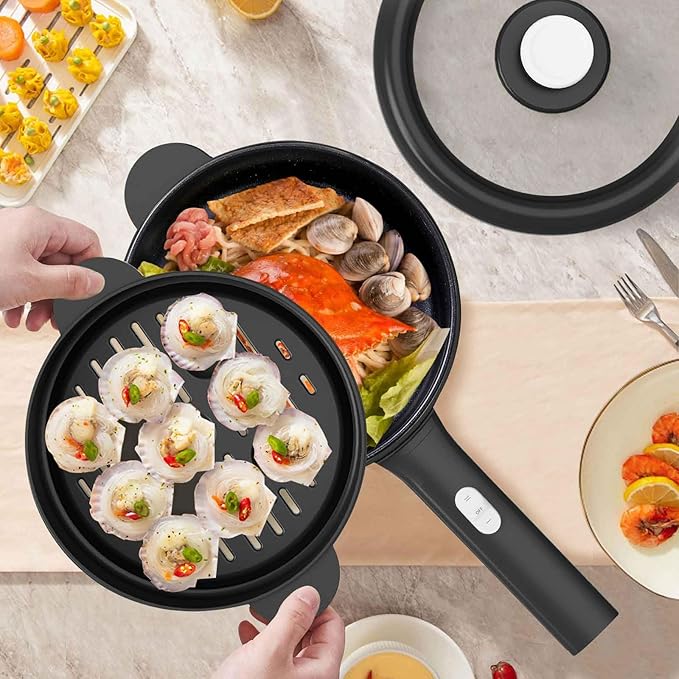 Dezin Electric Cooker, 2L Non-Stick Saut챕 Pan, Rapid Noodles Cooker, Mini Pot for Steak, Egg, Fried Rice, Ramen, Oatmeal, Soup with Power Adjustment, College Dorm Room Essential(Egg Rack Included)