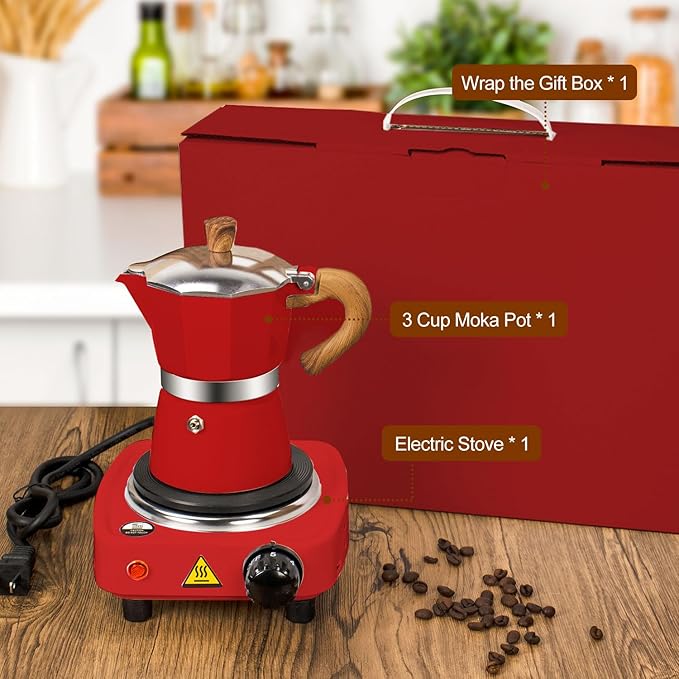 2-in-1 Moka Pot Espresso Set with Electric Stove 3 Cup Aluminum Stovetop Coffee Maker Percolator Italian Classic Mocha Coffee Machine for Italian and Cuban Cafe Brewing Portable Camping Red