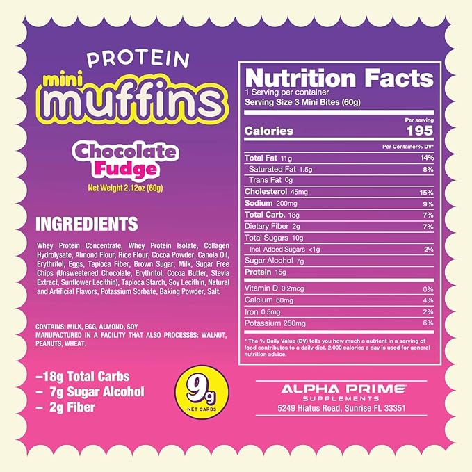 Prime Bites Minis | Protein Mini Muffins from Alpha Prime Supplements | High Protein, Collagen Fortified Low Sugar Treat | Delicious Snack | 12 Packs per Box - Chocolate Fudge