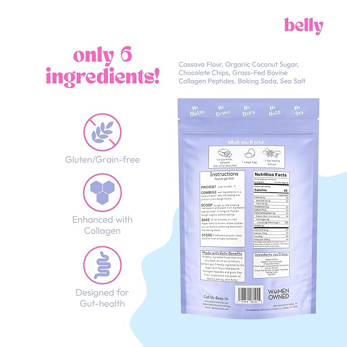 Belly Chocolate Chip Cookie Mix with Collagen Protein | High-Protein | Soft & Chewy Cookies | Grain-Free Dairy-Free Nut-Free | Healthy Snacks For Adults & Kids | Women-Owned Business | 10.5 oz | 3 Pack